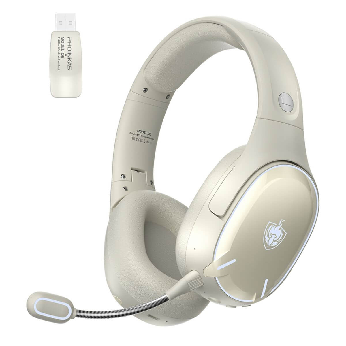 PHOINIKAS Q6 2.4GHz Wireless Gaming Headphones in white with detachable microphone and USB transmitter. Sleek design for immersive gaming audio.